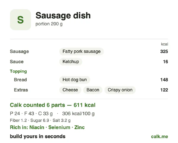 Higher calorie Calk card for Sausage dish: 306 kcal per 100 g, protein/fat/carbs 15/63/22