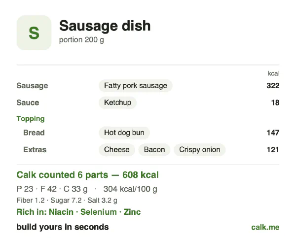 Higher calorie Calk card for Sausage dish: 304 kcal per 100 g, protein/fat/carbs 15/63/22