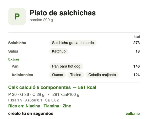 Tarjeta de Calk, versión más calórica de Plato de salchichas: 281 kcal por 100 g, proteínas/grasas/carbohidratos 22/58/21