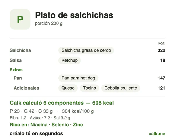 Tarjeta de Calk, versión más calórica de Plato de salchichas: 304 kcal por 100 g, proteínas/grasas/carbohidratos 15/63/22