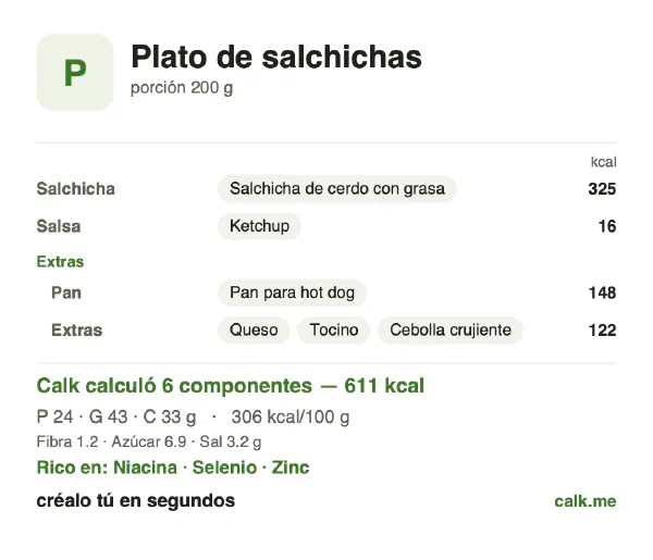 Tarjeta de Calk, versión más calórica de Plato de salchichas: 306 kcal por 100 g, proteínas/grasas/carbohidratos 15/63/22