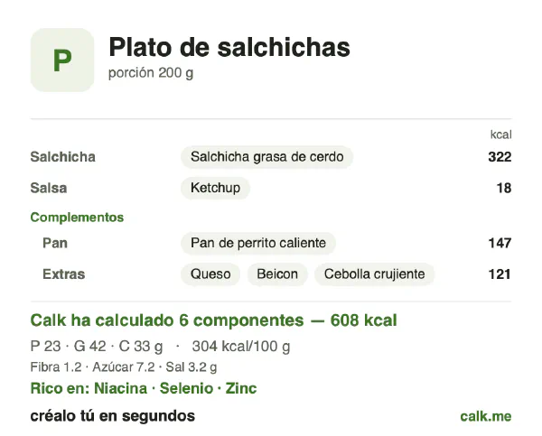 Ficha de Calk, versión más calórica de Plato de salchichas: 304 kcal por 100 g, proteínas/grasas/hidratos 15/63/22