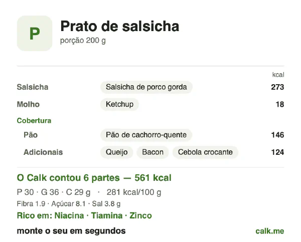 Cartão do Calk para a versão mais calórica de Prato de salsicha: 281 kcal por 100 g, proteína/gordura/carboidratos 22/58/21
