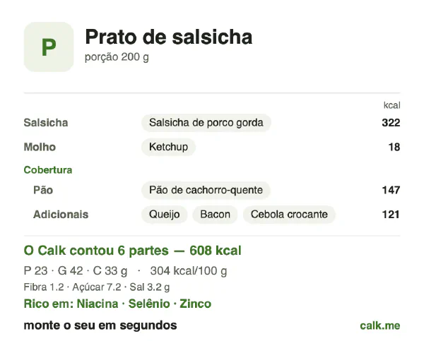 Cartão do Calk para a versão mais calórica de Prato de salsicha: 304 kcal por 100 g, proteína/gordura/carboidratos 15/63/22
