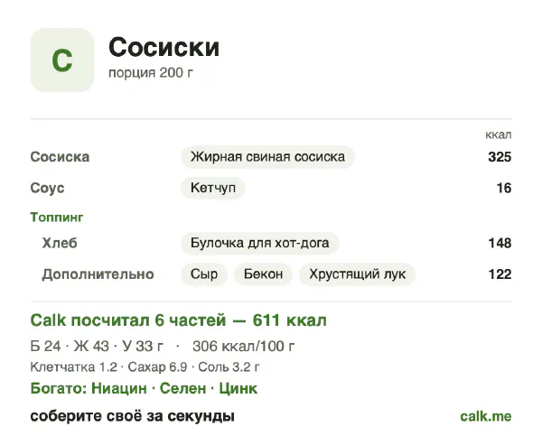 Карточка Calk, более калорийный вариант Сосиски: 306 ккал на 100 г, белки/жиры/углеводы 15/63/22