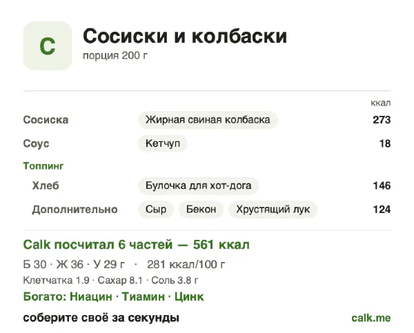 Карточка «Сосиски и колбаски» в Calk — более калорийный вариант: 281 ккал на 100 г, белки/жиры/углеводы 22/58/21