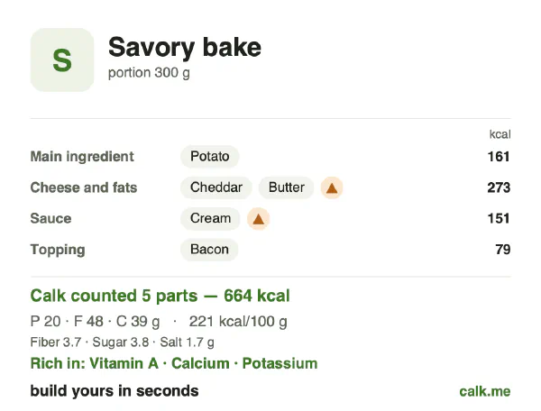 Higher calorie Calk card for Savory bake: 221 kcal per 100 g, protein/fat/carbs 12/65/23