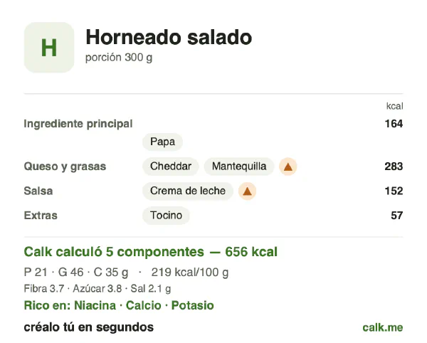 Tarjeta de Calk, versión más calórica de Horneados salados: 219 kcal por 100 g, proteínas/grasas/carbohidratos 13/65/22