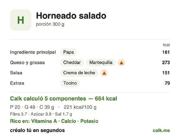 Tarjeta de Calk, versión más calórica de Horneados salados: 221 kcal por 100 g, proteínas/grasas/carbohidratos 12/65/23