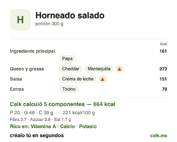 Tarjeta de Calk, versión más calórica de Horneados salados: 221 kcal por 100 g, proteínas/grasas/carbohidratos 12/65/23