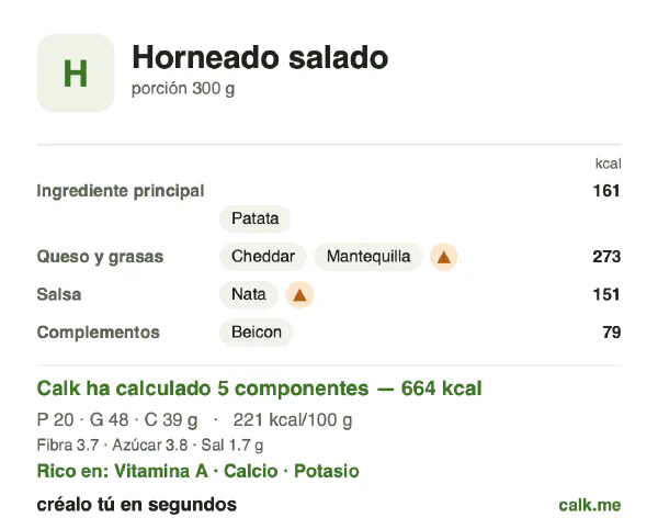 Ficha de Calk, versión más calórica de Platos salados al horno: 221 kcal por 100 g, proteínas/grasas/hidratos 12/65/23