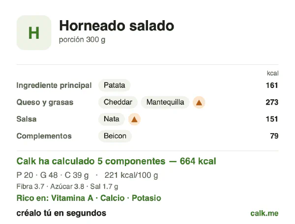 Ficha de Calk, versión más calórica de Platos salados al horno: 221 kcal por 100 g, proteínas/grasas/hidratos 12/65/23