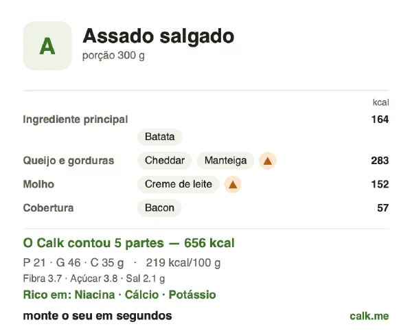 Cartão do Calk para a versão mais calórica de Pratos salgados assados: 219 kcal por 100 g, proteína/gordura/carboidratos 13/65/22