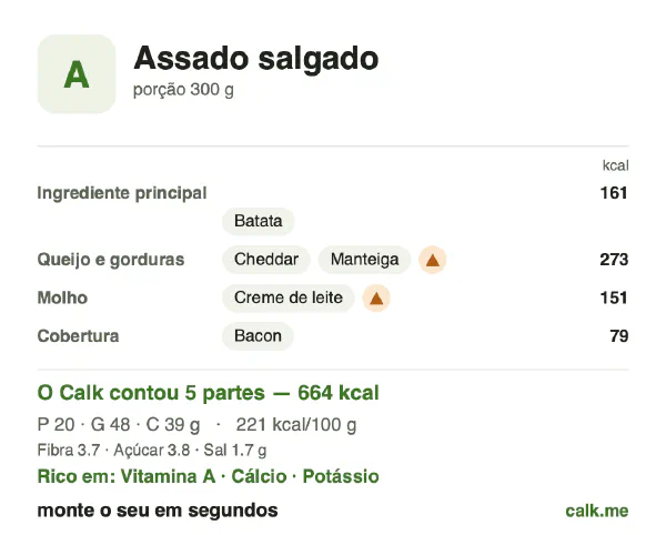 Cartão do Calk para a versão mais calórica de Pratos salgados assados: 221 kcal por 100 g, proteína/gordura/carboidratos 12/65/23