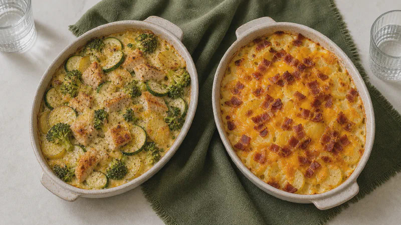 Potato bake: lower- and higher-calorie Calk versions side by side