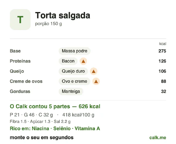 Cartão do Calk para a versão mais calórica de Torta salgada: 418 kcal por 100 g, proteína/gordura/carboidratos 14/66/20
