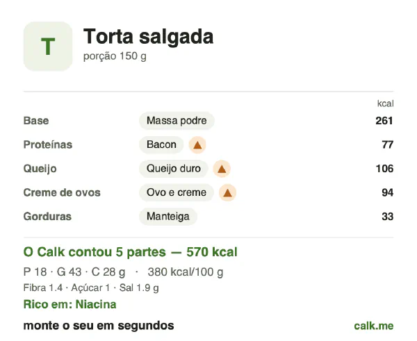Cartão do Calk para a versão mais calórica de Torta salgada: 380 kcal por 100 g, proteína/gordura/carboidratos 13/68/20