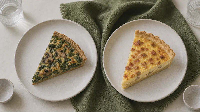 Quiche: lower- and higher-calorie Calk versions side by side