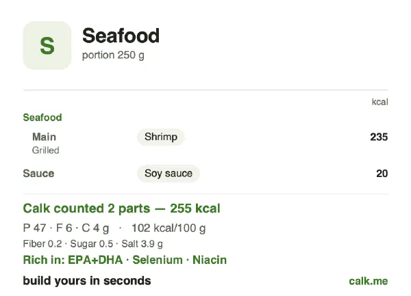 Lower calorie Calk card for Seafood: 102 kcal per 100 g, protein/fat/carbs 73/21/6