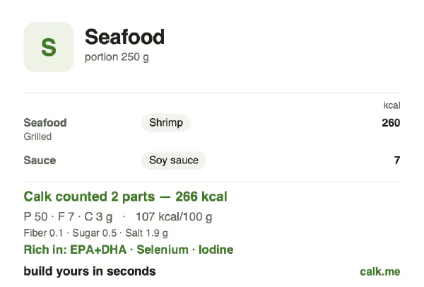 Lower calorie Calk card for Seafood: 107 kcal per 100 g, protein/fat/carbs 73/22/4