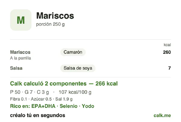 Tarjeta de Calk, versión menos calórica de Mariscos: 107 kcal por 100 g, proteínas/grasas/carbohidratos 73/22/4