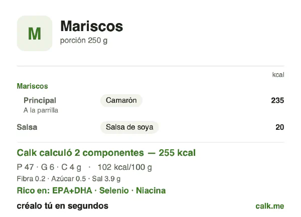 Tarjeta de Calk, versión menos calórica de Mariscos: 102 kcal por 100 g, proteínas/grasas/carbohidratos 73/21/6