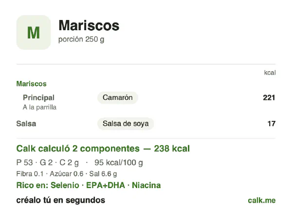 Tarjeta de Calk, versión menos calórica de Mariscos: 95 kcal por 100 g, proteínas/grasas/carbohidratos 89/8/3