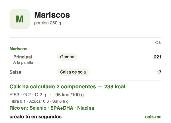 Ficha de Calk, versión menos calórica de Mariscos: 95 kcal por 100 g, proteínas/grasas/hidratos 89/8/3