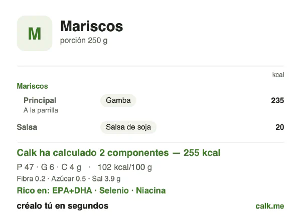 Ficha de Calk, versión menos calórica de Mariscos: 102 kcal por 100 g, proteínas/grasas/hidratos 73/21/6