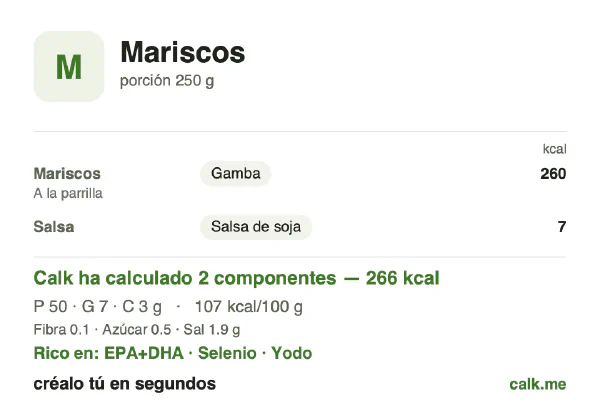 Ficha de Calk, versión menos calórica de Mariscos: 107 kcal por 100 g, proteínas/grasas/hidratos 73/22/4
