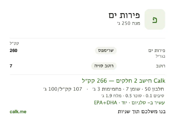 נתוני Calk לפירות ים, בגרסה עם פחות קלוריות: 107 קק״ל ל-100 גרם, חלבון/שומן/פחמימות 73/22/4