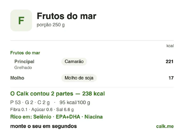 Cartão do Calk para a versão menos calórica de Frutos do mar: 95 kcal por 100 g, proteína/gordura/carboidratos 89/8/3