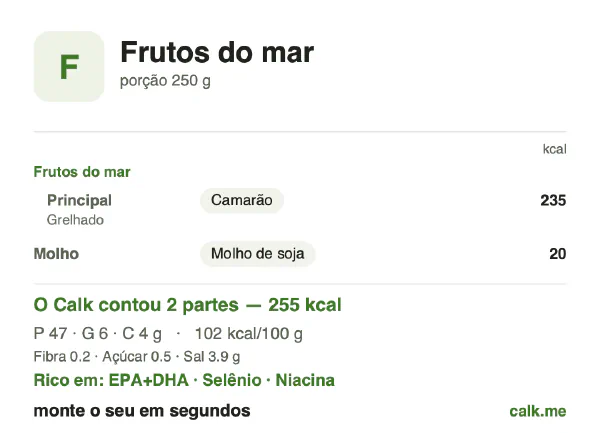 Cartão do Calk para a versão menos calórica de Frutos do mar: 102 kcal por 100 g, proteína/gordura/carboidratos 73/21/6