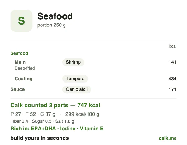 Higher calorie Calk card for Seafood: 299 kcal per 100 g, protein/fat/carbs 15/65/20