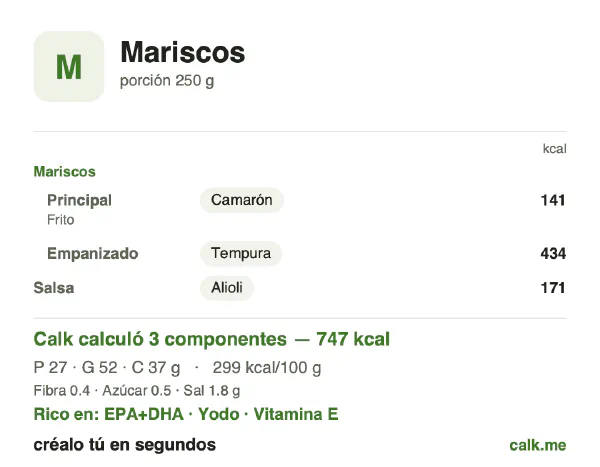 Tarjeta de Calk, versión más calórica de Mariscos: 299 kcal por 100 g, proteínas/grasas/carbohidratos 15/65/20