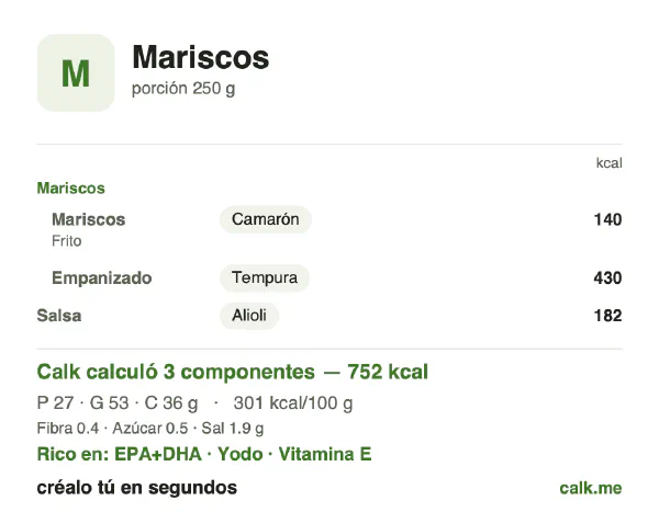 Tarjeta de Calk, versión más calórica de Mariscos: 301 kcal por 100 g, proteínas/grasas/carbohidratos 15/65/20
