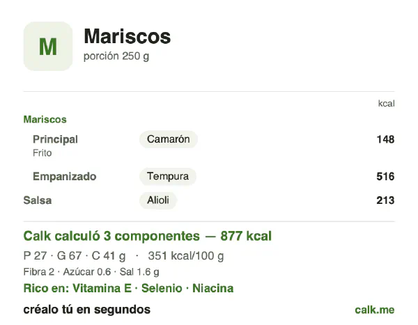 Tarjeta de Calk, versión más calórica de Mariscos: 351 kcal por 100 g, proteínas/grasas/carbohidratos 13/69/19