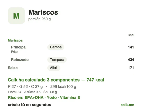 Ficha de Calk, versión más calórica de Mariscos: 299 kcal por 100 g, proteínas/grasas/hidratos 15/65/20