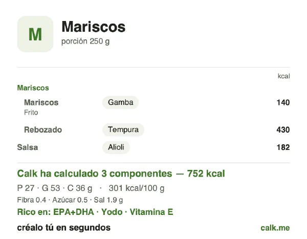 Ficha de Calk, versión más calórica de Mariscos: 301 kcal por 100 g, proteínas/grasas/hidratos 15/65/20