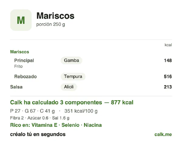 Ficha de Calk, versión más calórica de Mariscos: 351 kcal por 100 g, proteínas/grasas/hidratos 13/69/19