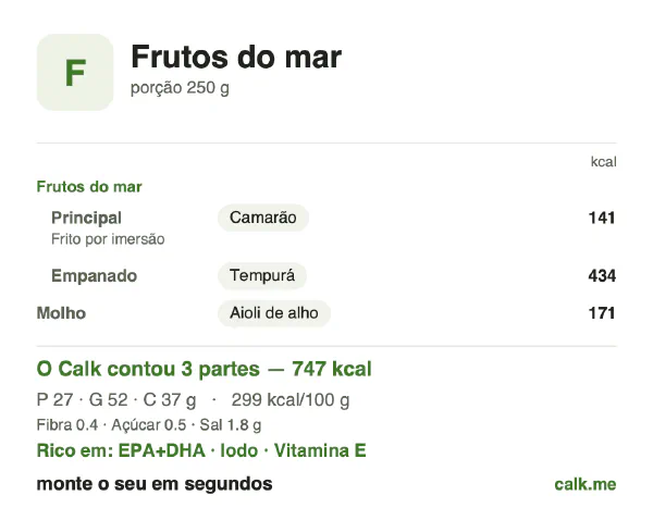 Cartão do Calk para a versão mais calórica de Frutos do mar: 299 kcal por 100 g, proteína/gordura/carboidratos 15/65/20