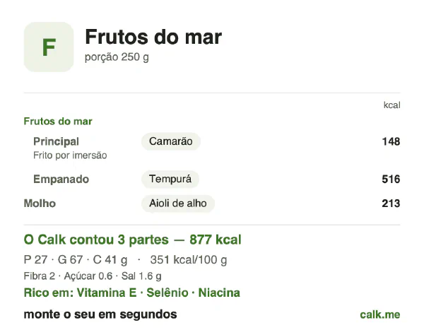 Cartão do Calk para a versão mais calórica de Frutos do mar: 351 kcal por 100 g, proteína/gordura/carboidratos 13/69/19