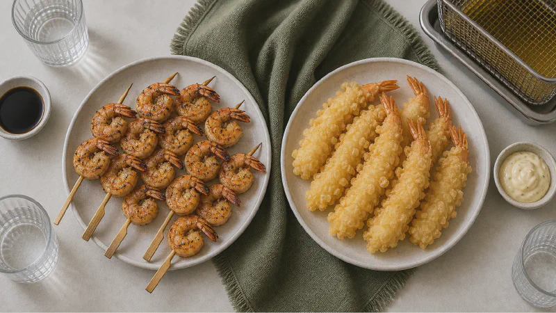 Shrimp: lower- and higher-calorie Calk versions side by side