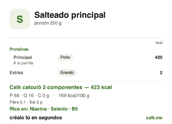 Tarjeta de Calk, versión menos calórica de Platos a la plancha y salteados: 169 kcal por 100 g, proteínas/grasas/carbohidratos 65/35/0