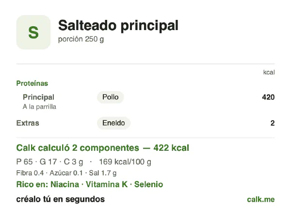 Tarjeta de Calk, versión menos calórica de Platos a la plancha y salteados: 169 kcal por 100 g, proteínas/grasas/carbohidratos 61/36/3