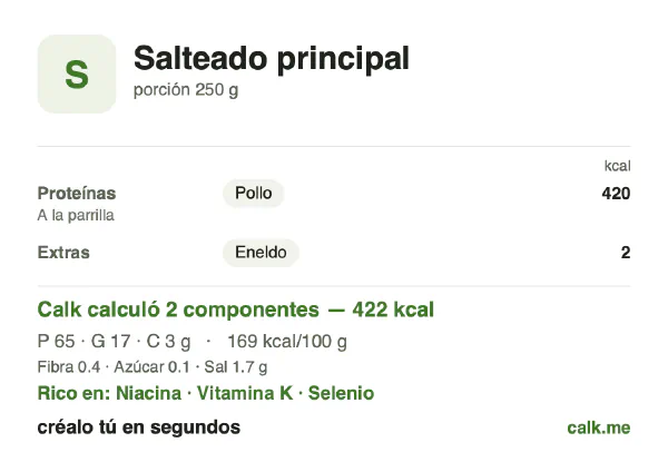 Tarjeta de Calk, versión menos calórica de Platos a la plancha y salteados: 169 kcal por 100 g, proteínas/grasas/carbohidratos 61/36/3