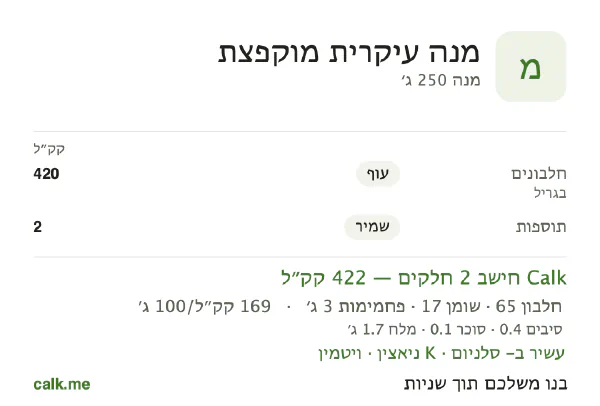 נתוני Calk למנה עיקרית מוקפצת, בגרסה עם פחות קלוריות: 169 קק״ל ל-100 גרם, חלבון/שומן/פחמימות 61/36/3