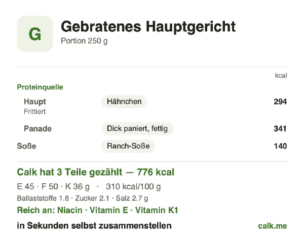 Calk-Karte für die kalorienreichere Variante von Gebratene und sautierte Gerichte: 310 kcal pro 100 g, Eiweiß/Fett/Kohlenhydrate 23/58/18