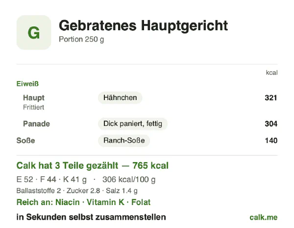 Calk-Karte für die kalorienreichere Variante von Gebratene und sautierte Gerichte: 306 kcal pro 100 g, Eiweiß/Fett/Kohlenhydrate 27/51/21
