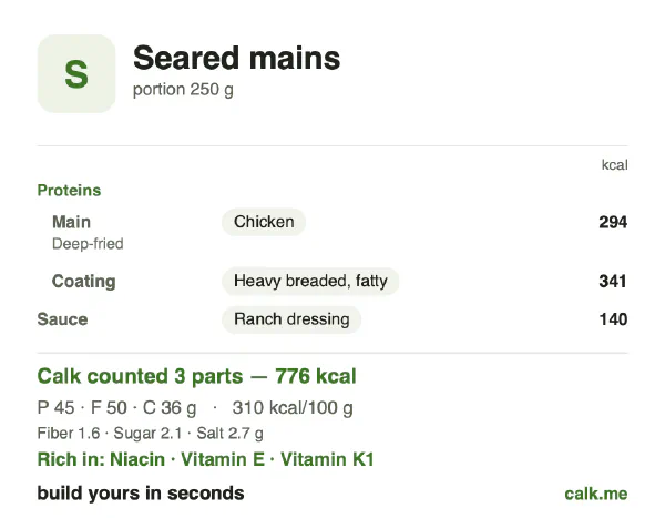Higher calorie Calk card for Seared mains: 310 kcal per 100 g, protein/fat/carbs 23/58/18